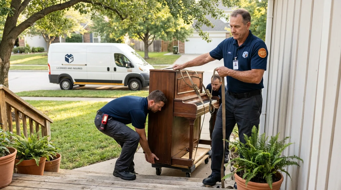 Licensed piano movers securing grand piano in Bloomfield, NM