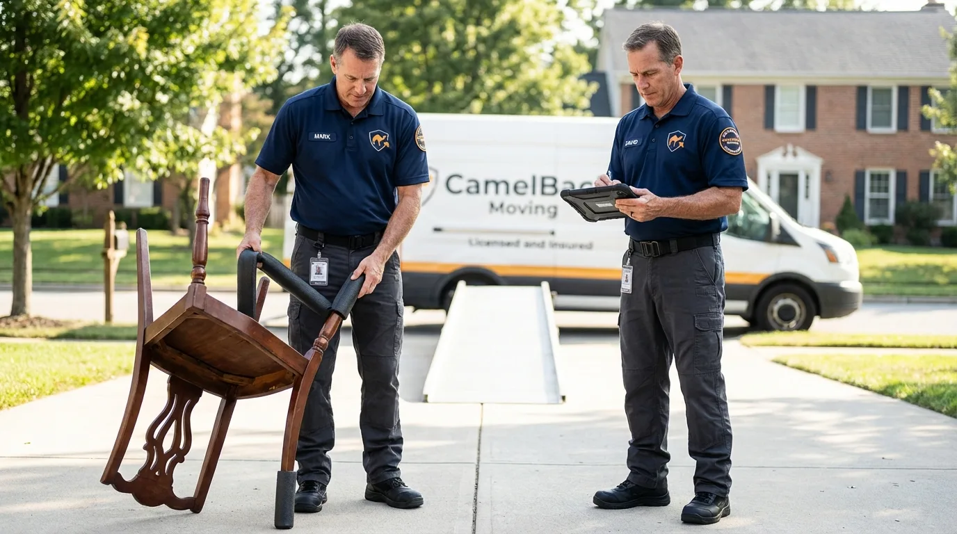 Movers inspecting furniture for damage prevention before loading in Bloomfield, NM