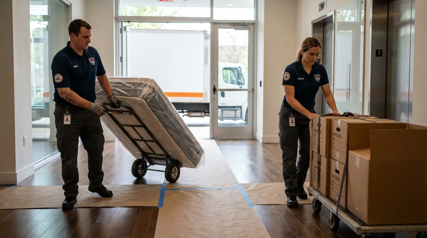 Professional apartment movers loading elevator in Bloomfield, NM